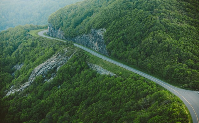 Winding mountain road through the Appalachian forests near Sautee Nacoochee, GA