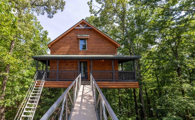 Elevated log cabin with metal roof and wraparound porch, surrounded by dense green forest.